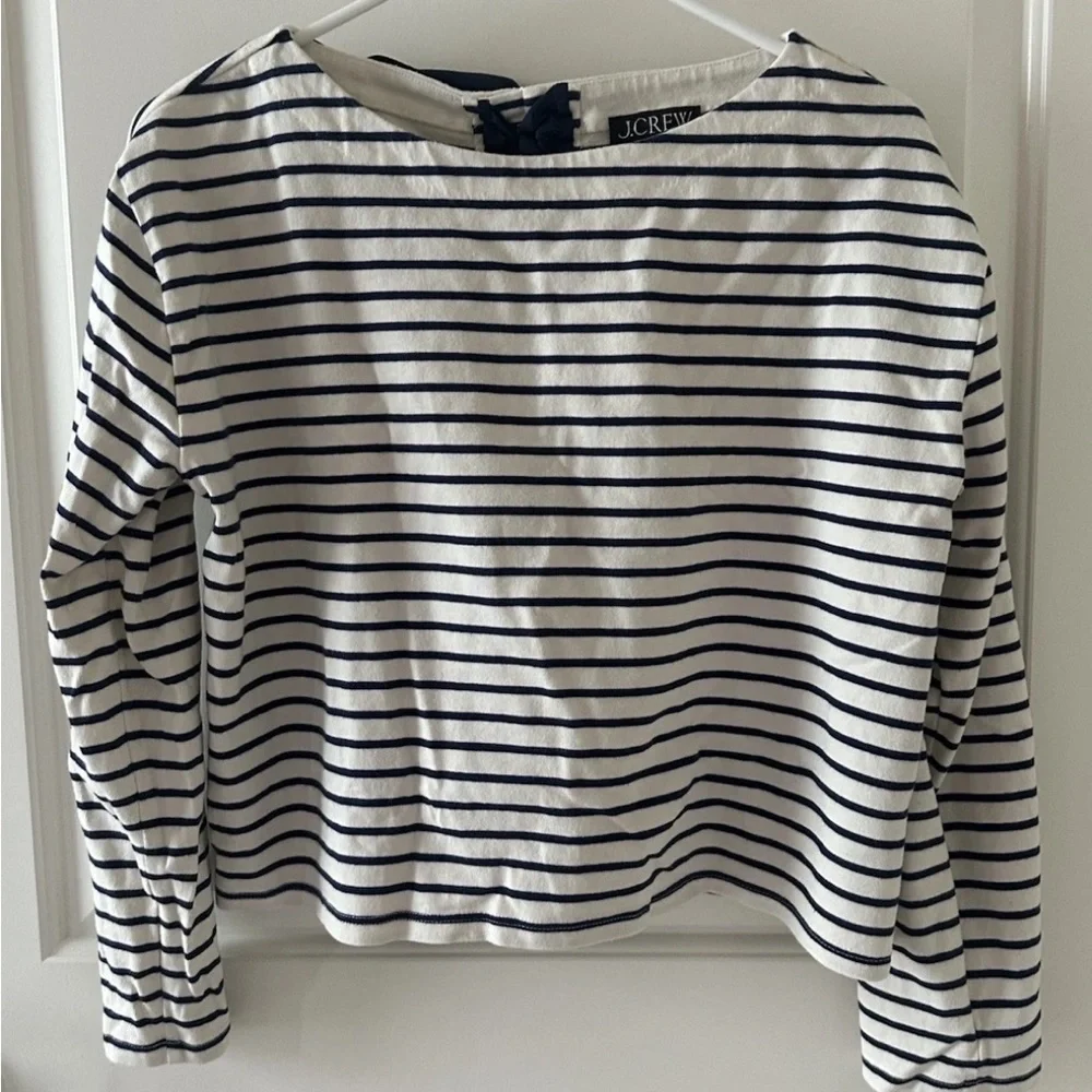 J. Crew Navy and White Striped Bow Back Blouse - Picture 3 of 8
